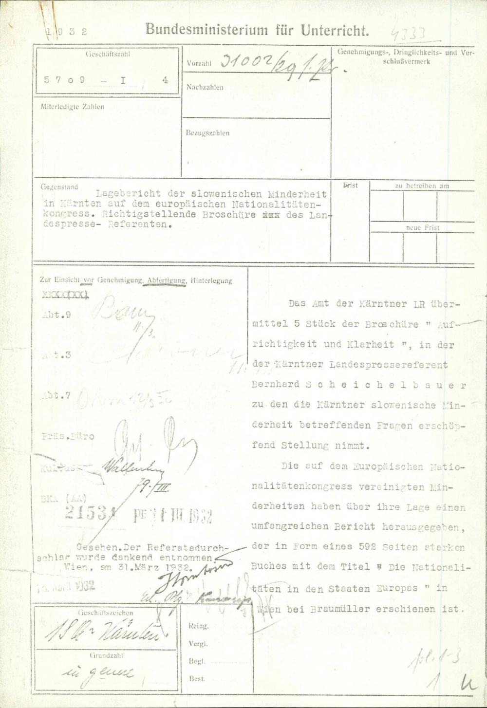 Lagebericht der slovenlschen Minderheit in Kärnten auf dem europäischen  Nationalitätenkongress. Richtigstellende Broschüre des Landespresse- Referenten