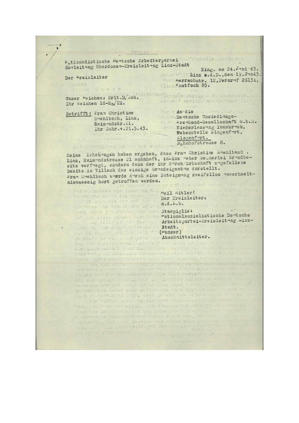 Dopis: Frau Christine Muehlbach, Linz