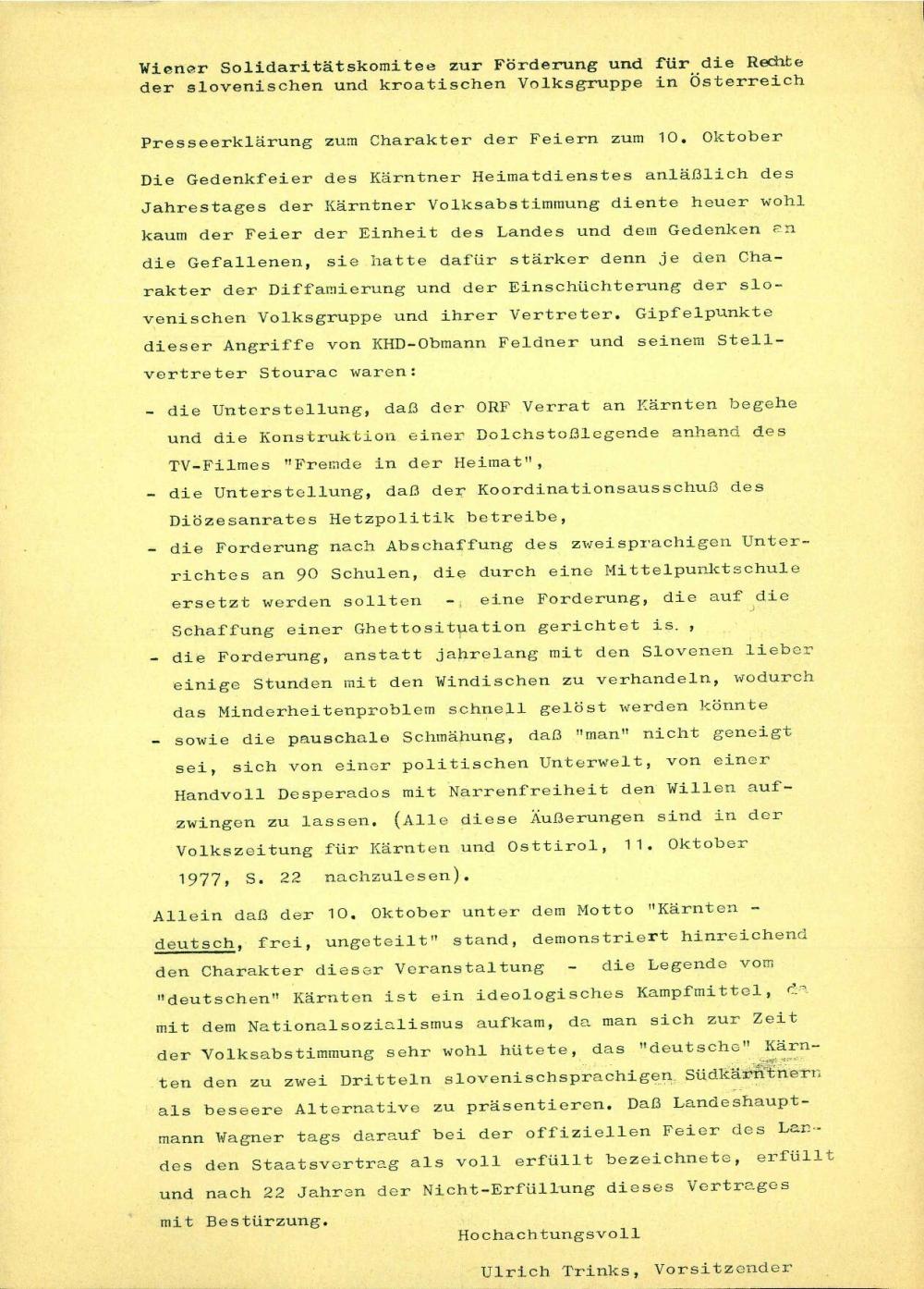 Presseerklärung zum Charakter der Feiern zum 10. Oktober