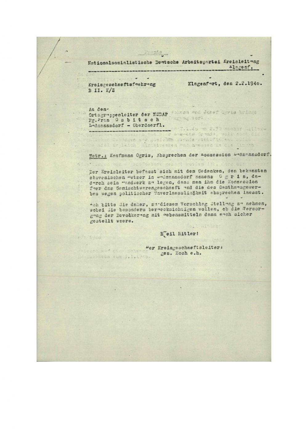 Dopis: Kazfmann Ogris, Absprechen der Konzesion Ludmannsdorf