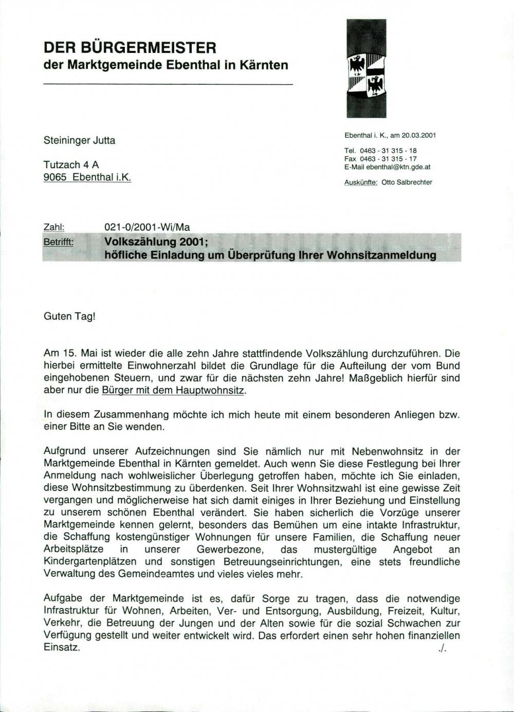 Volkszählung 2001; höfliche Einladung um Überprüfung Ihrer Wohnsitzanmeldung