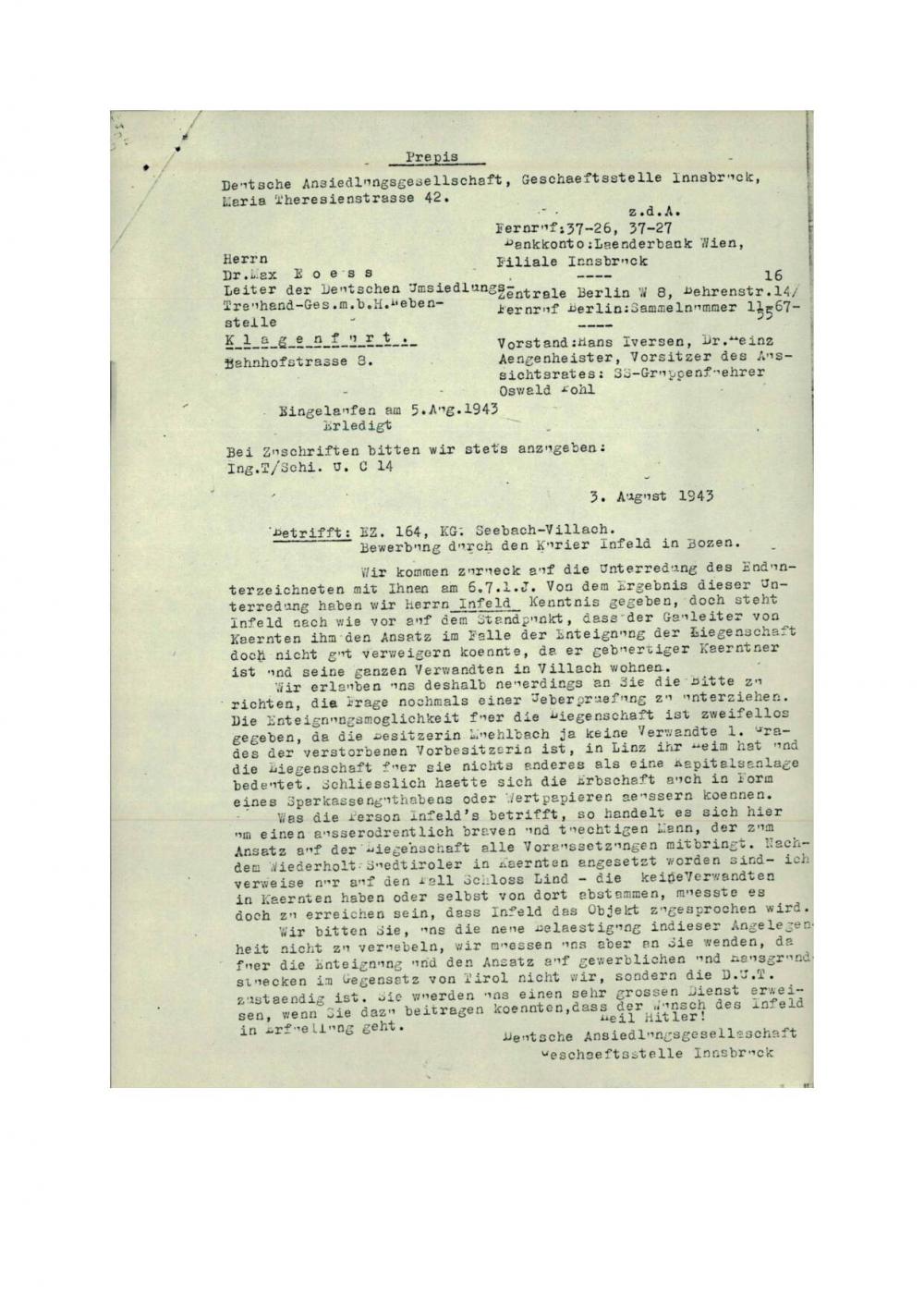 Dopis: EZ 164 KG: Seebach – Villach: Bewerbung durch den Kurier Infeld in Bozen