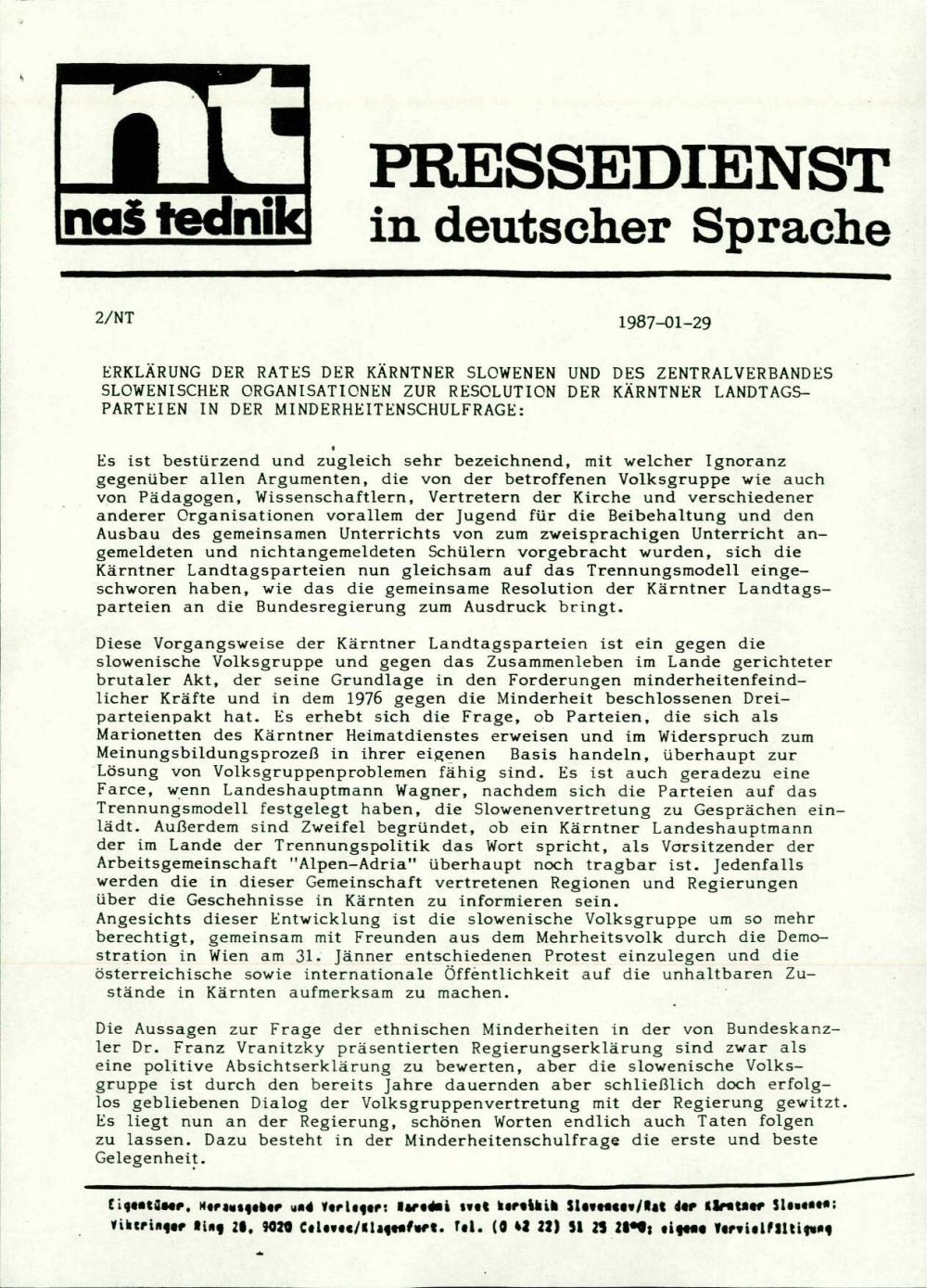 Erklärung der Rates der kärntner slowenen und des Zentralverbandes slowenischer organisationen zurRresolution der Kärntner Landtagsparteien in der Minderheitenschulfrage