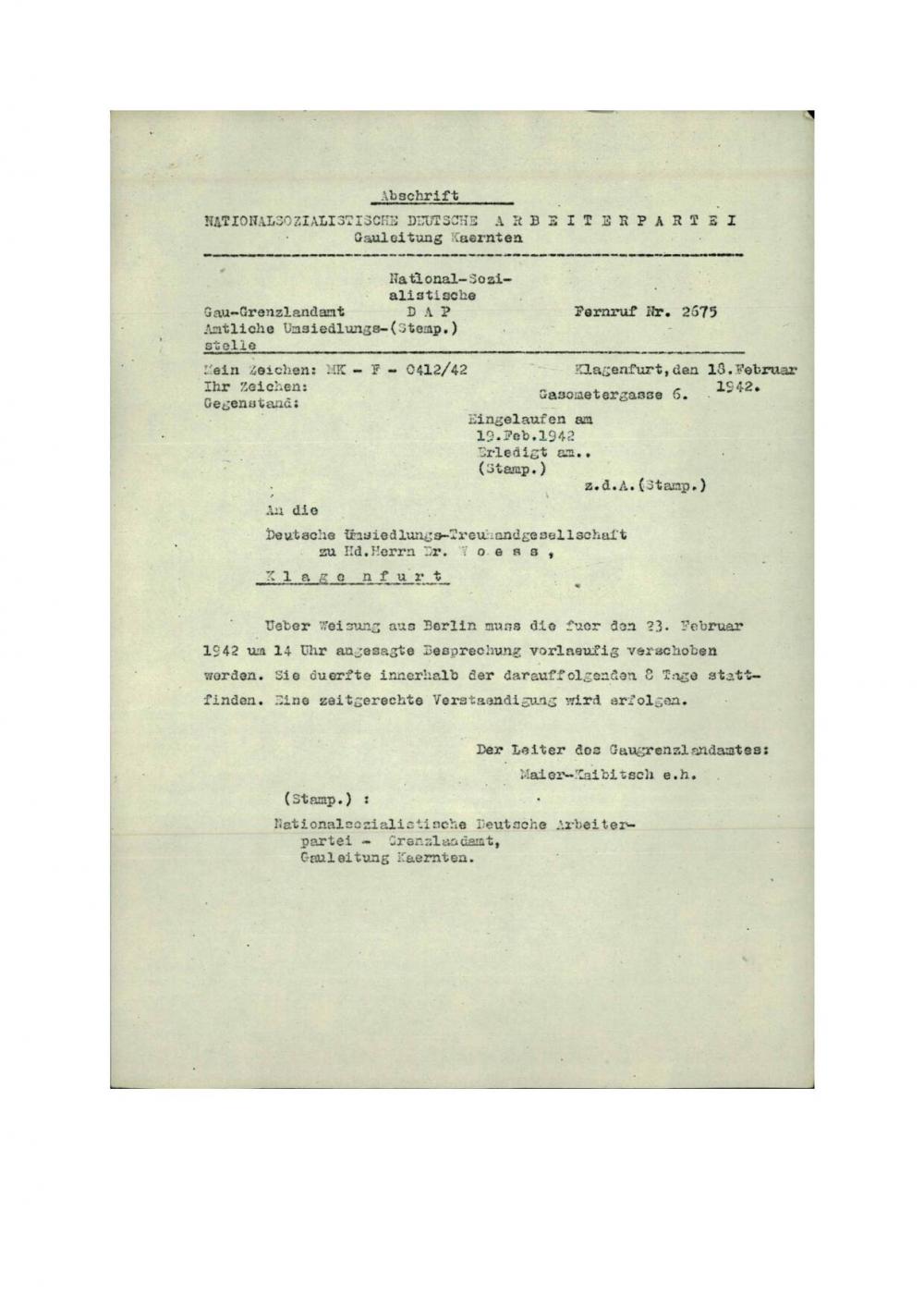Dopis: Eingelaufen am 19. Februar 1942