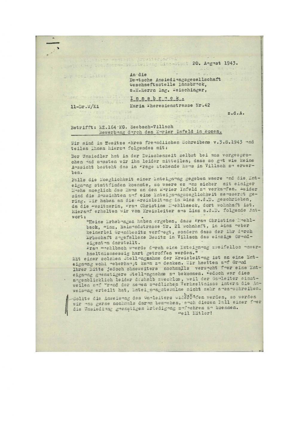 Dopis: EZ / 164 / KG. Seebach – Villach Bewerbung durch den Kurier Infeld in Bozen