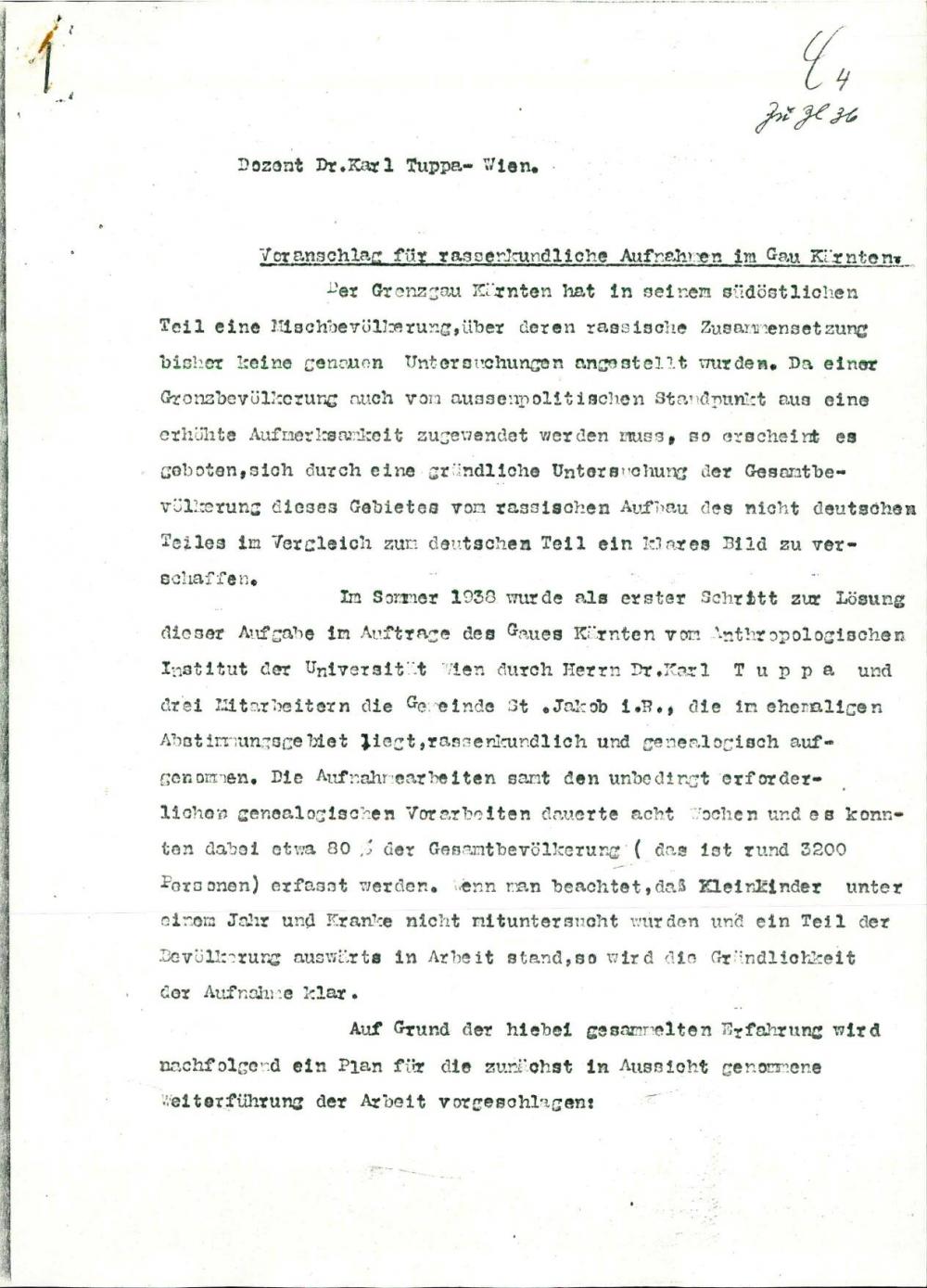 Voranschlag für rassenkundliche Aufnahmen im Gau Kärnten