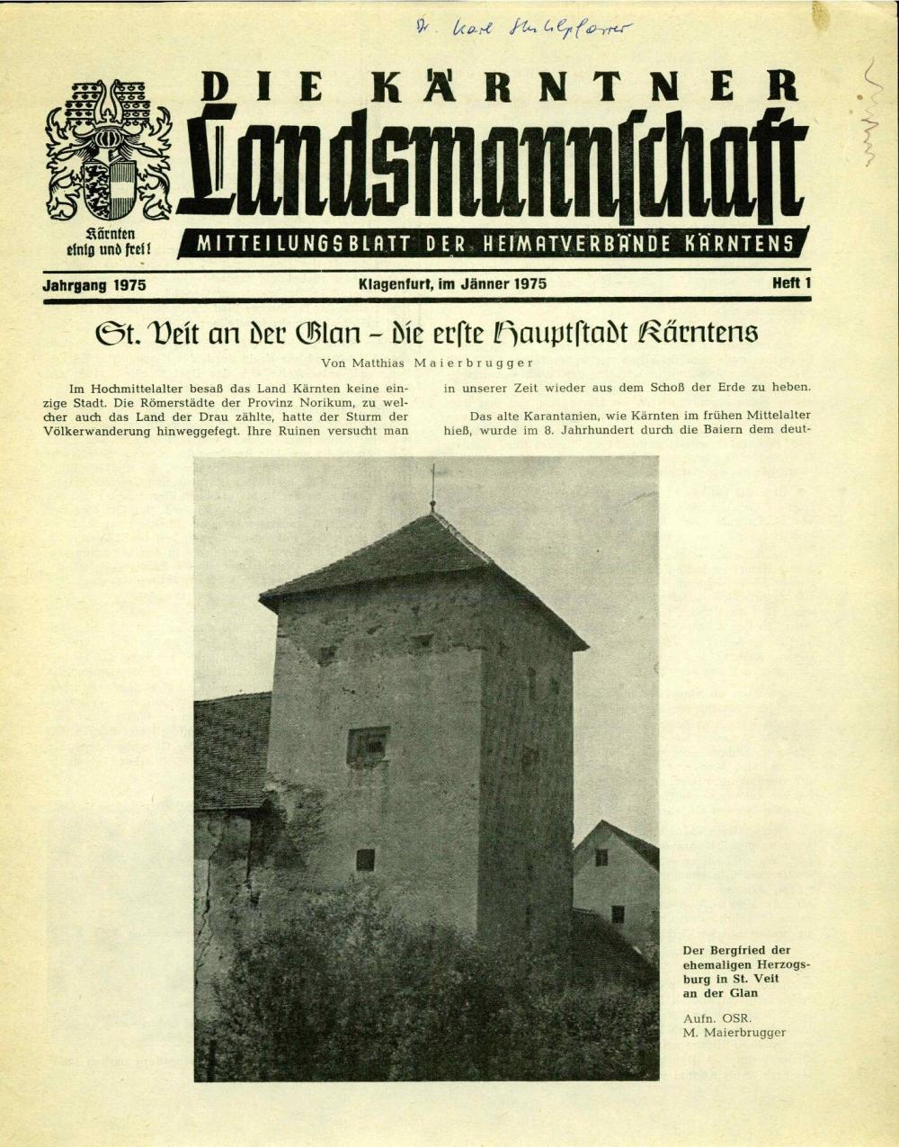 Die Kärntner Landsmannschaft : Mitteilungsblatt der Heimatverbände Kärntens 1975, št. 1