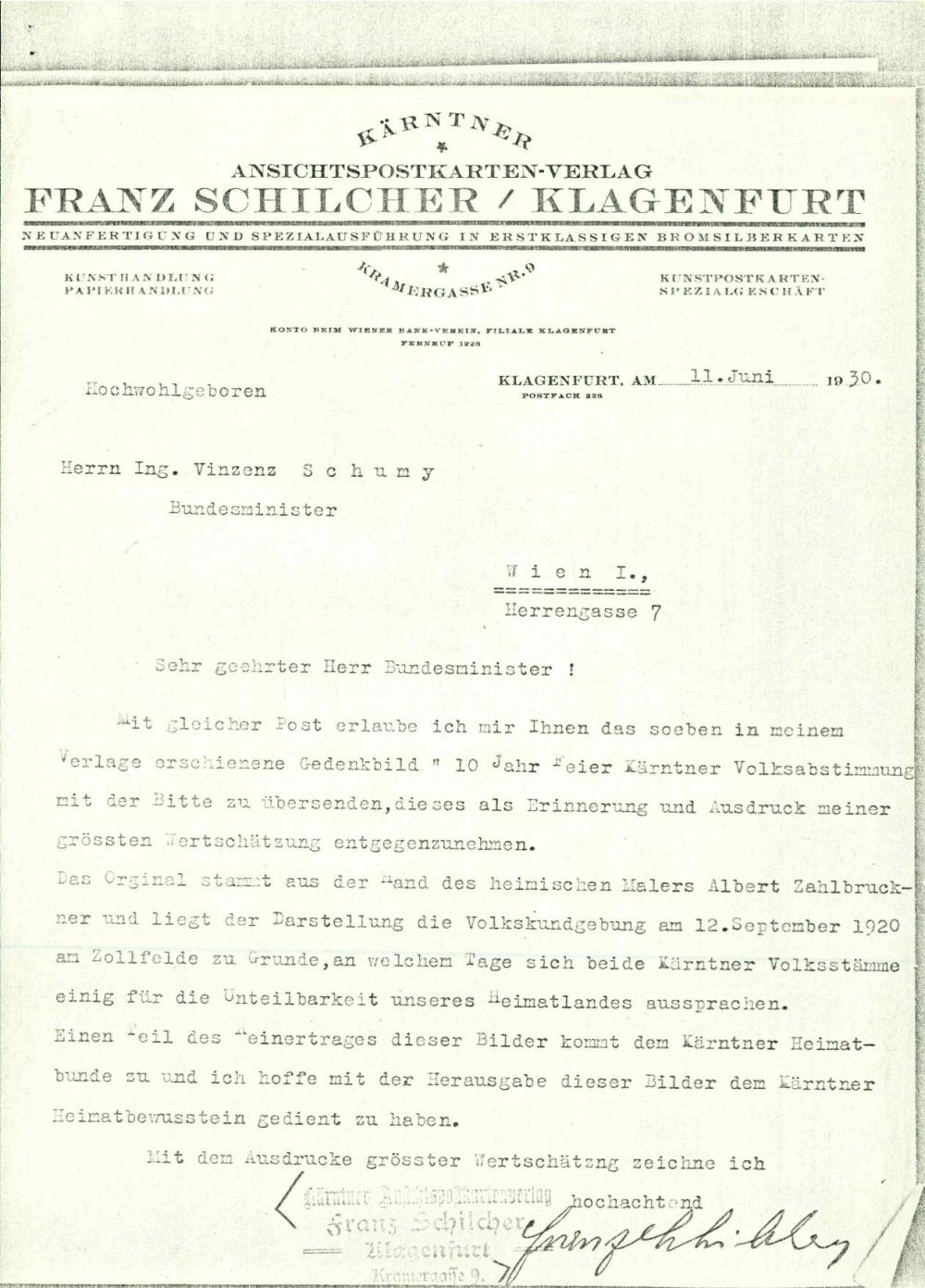 Obvestilo o spominski razglednici Gedenkbilder »10 Jahr Feier Kärntner Volksabstimmung«