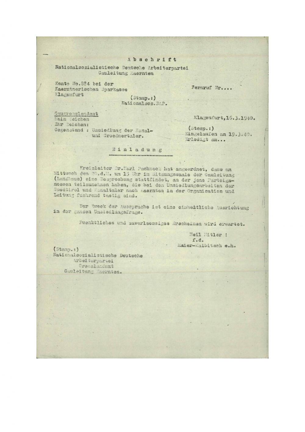 Dopis: Umsiedlung der Kanal- und Groednertaler. Einladung