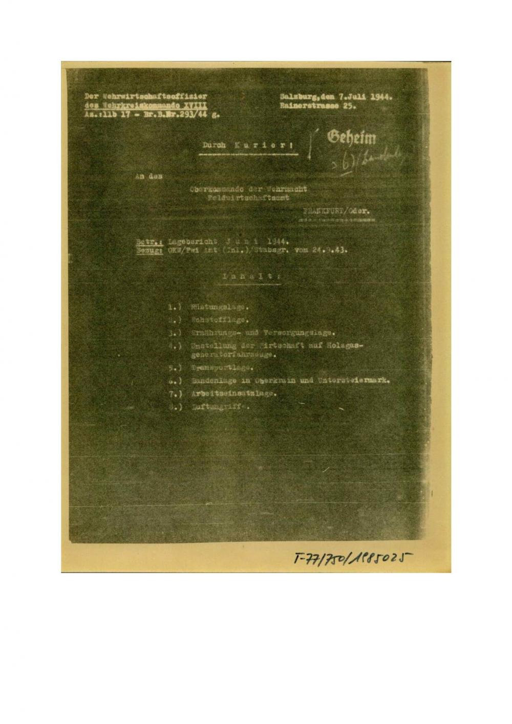 Betreff: Lagebericht, Juni 1944. Bandenlage in Untersteiermark und Oberkrain.