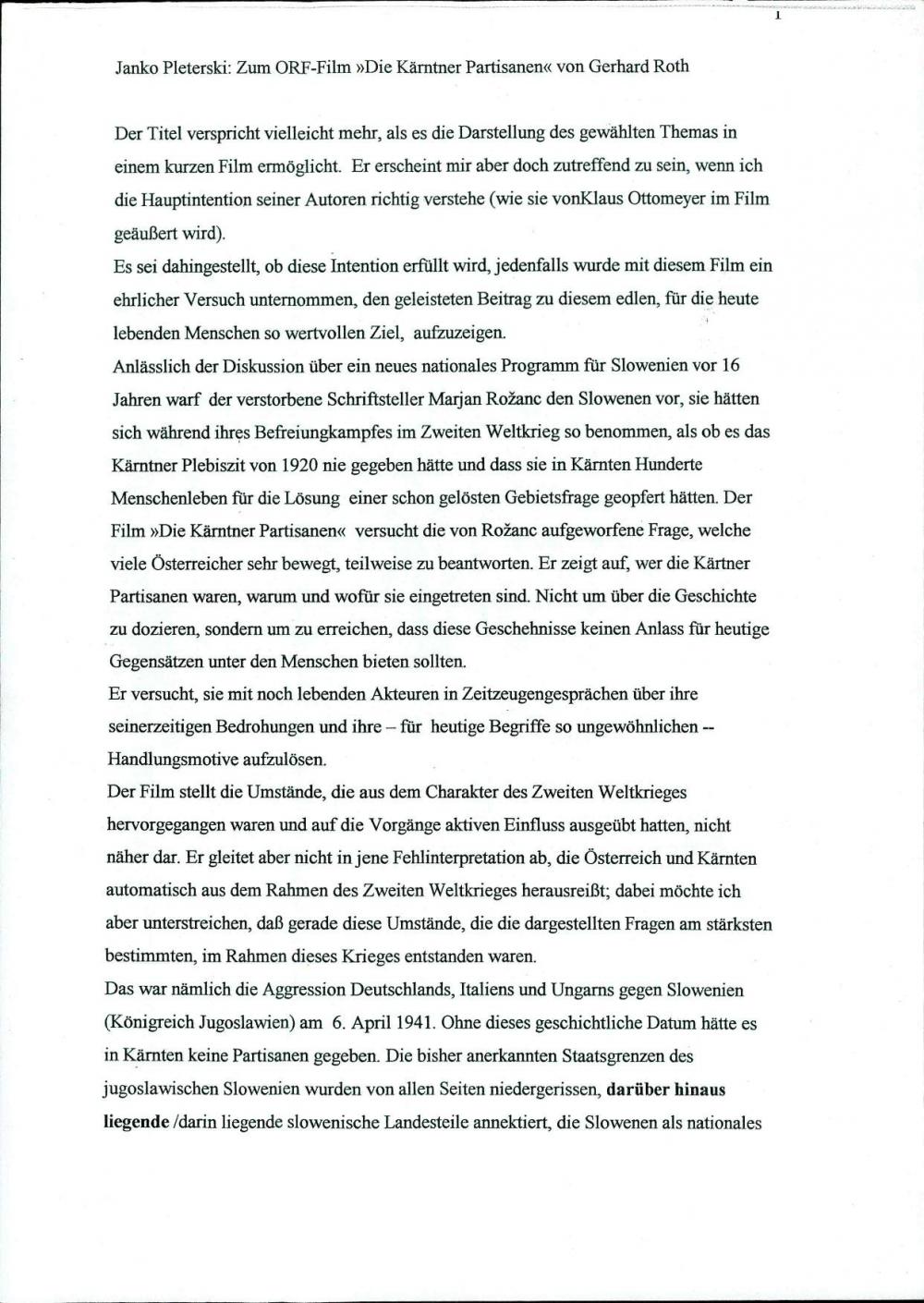 Zum ORF - Film »Die Kärntner Partisanen« von Gerhard Roth