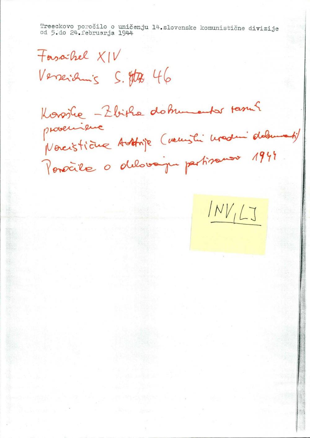 Treeckovo poročilo o uničenju 14. Slovenske komunistične divizije od 5. do 24. februarja 1944