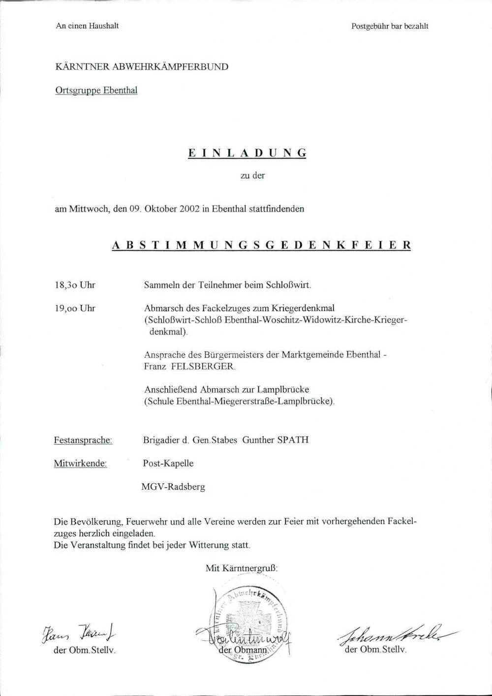 Einladung zu der am Mittwoch, den 9. Oktober 2002 in Ebenthal stattfindenden Abstimmungsgedenkfeier