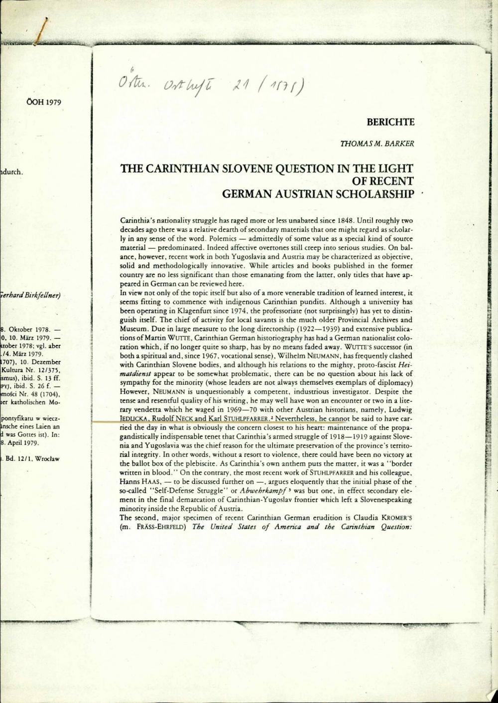 The Carinthian Slovene Question in the Light of Recent German Austrian Scholarship