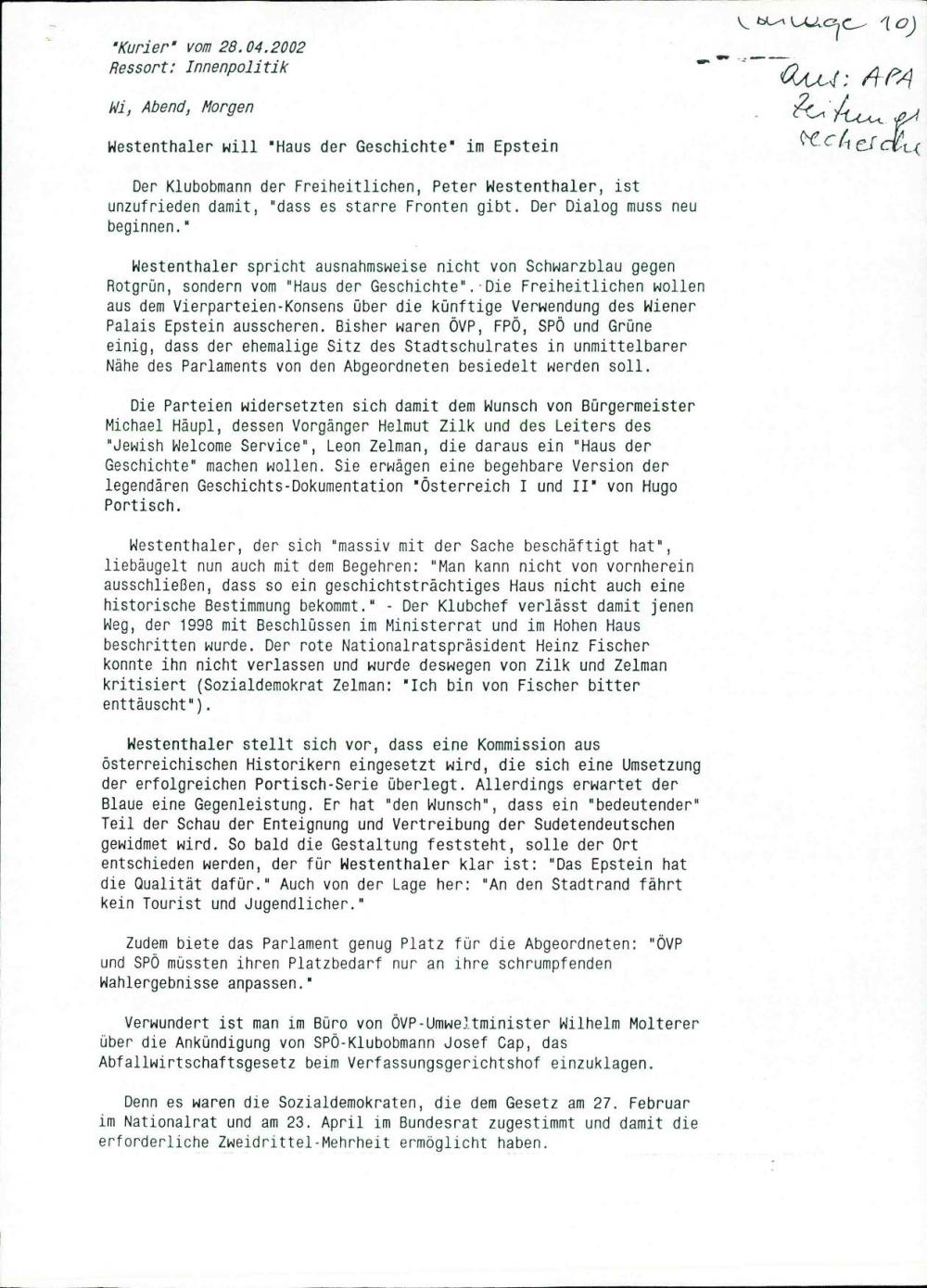 Westenthaler will "Haus der Geschichte" im Epstein