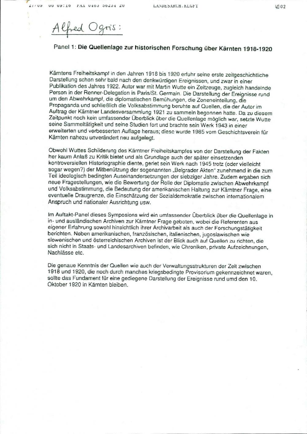 Die Quellenlage zur historischen Forschung  über Kärnten 1910-1920