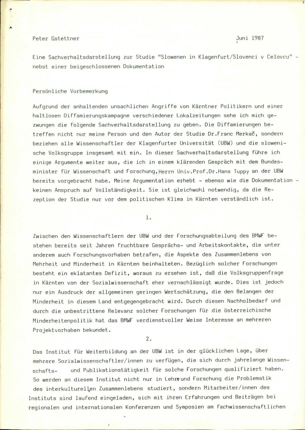 Eine Sachverhaltsdarstellung zur Studie "Slowenen in Klagenfurt/Slovenci v Celovcu" nebst einer beigeschlossenen Dokumentation
