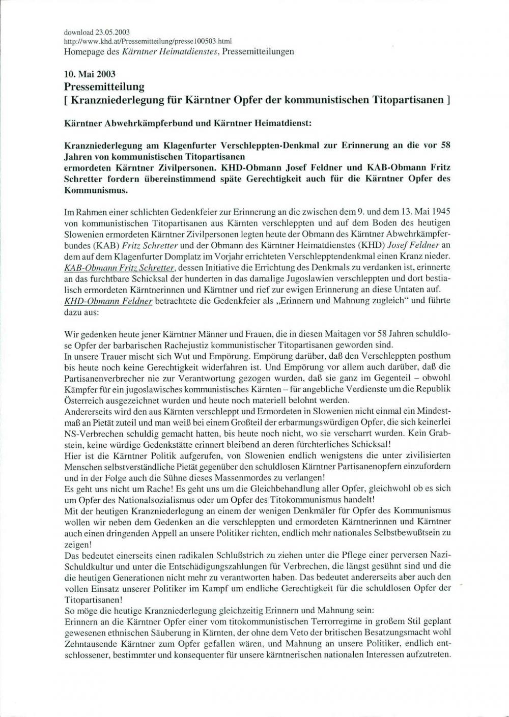Kranzniederlegung für Kärntner Opfer der kommunistischen Titopartisanen