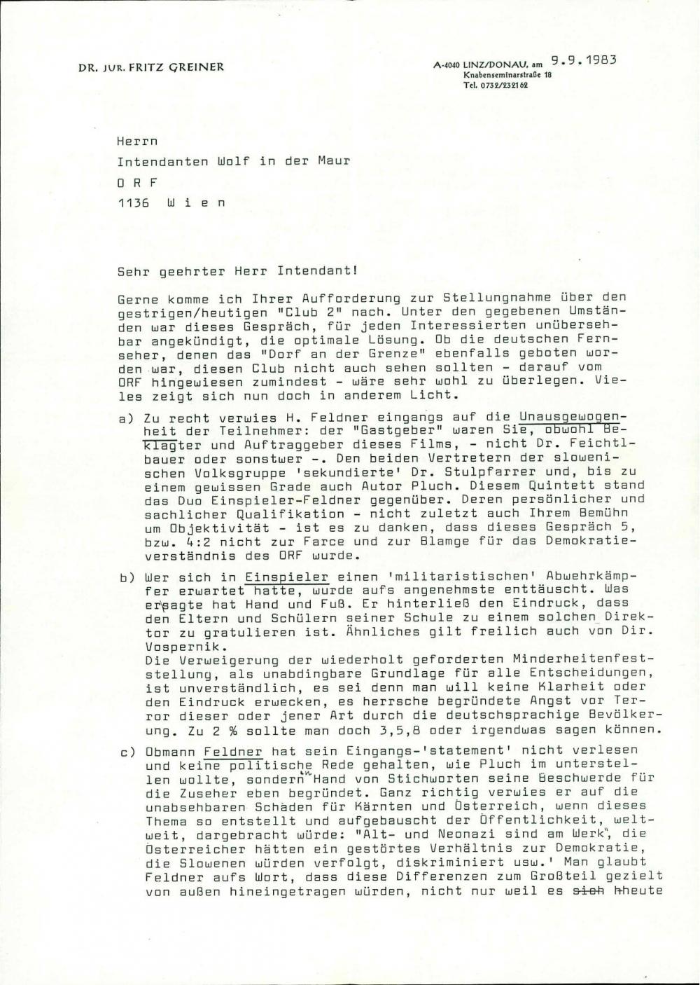 Dr. Jur. Fritz Greiner Herrn Intendanten Wolf in der Maur