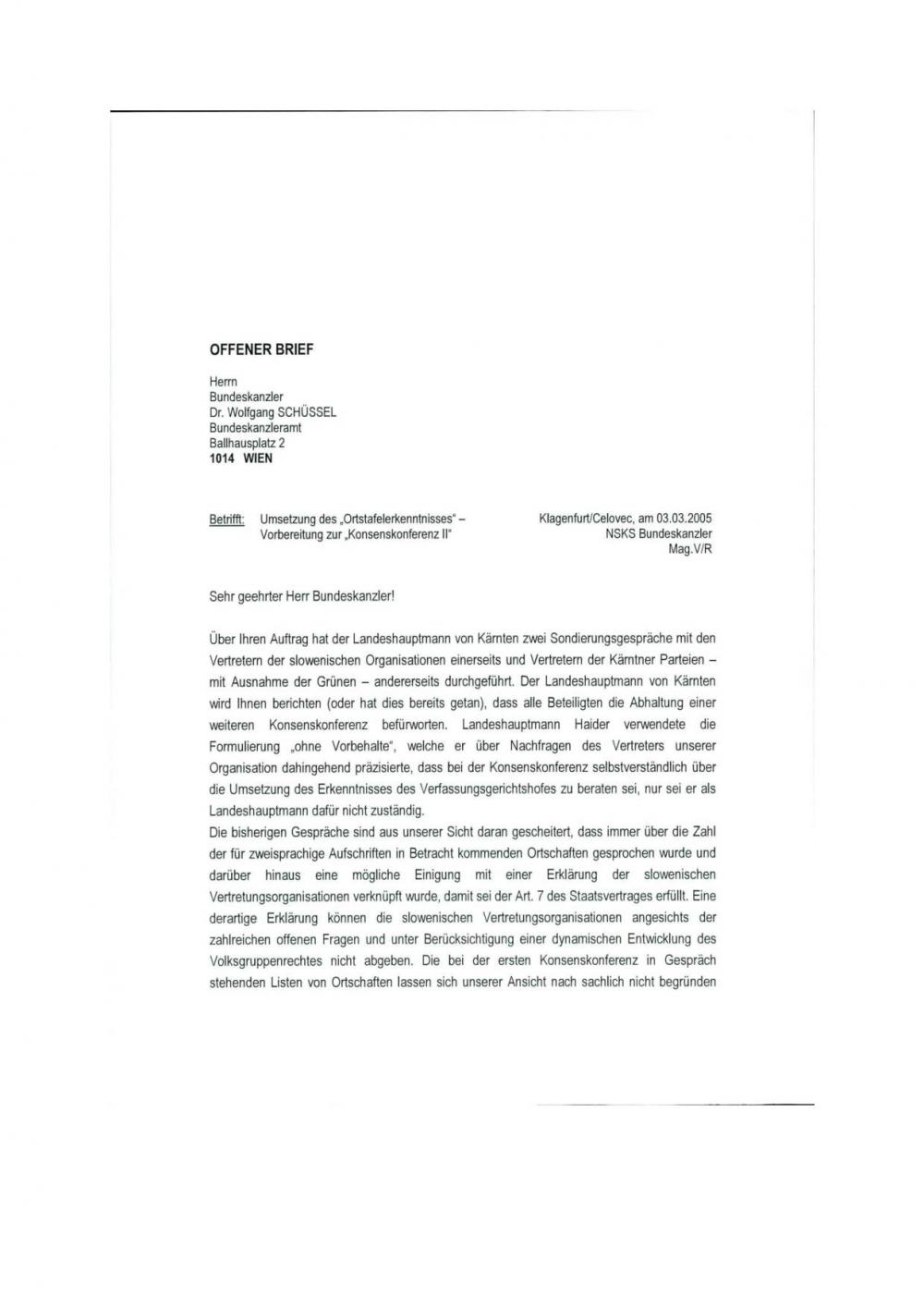 Pismo: Umsetzung des „Ortstafeierkenntnisses" - Vorbereitung zur „Konsenskonferenz II"