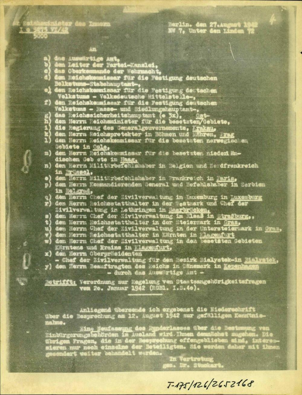 Über die Besprechung am 12. August 1942,  betreffend Regelung  verschiedener Staatsangehörigkeitsfragen