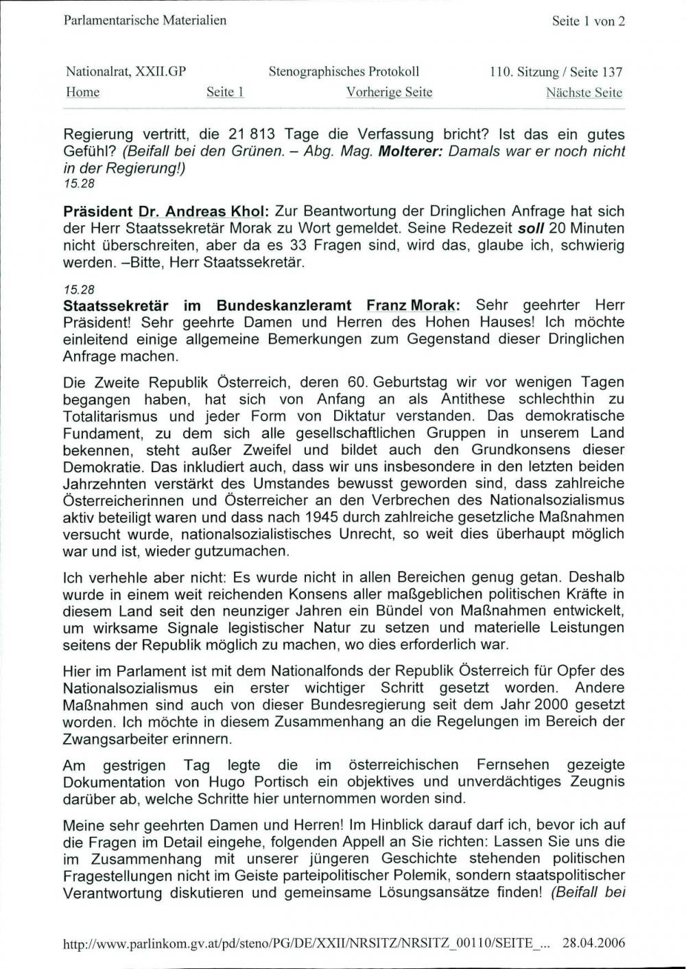 Parlamentarische Materialien: Stenographisches Protokoll, 110. Sitzung