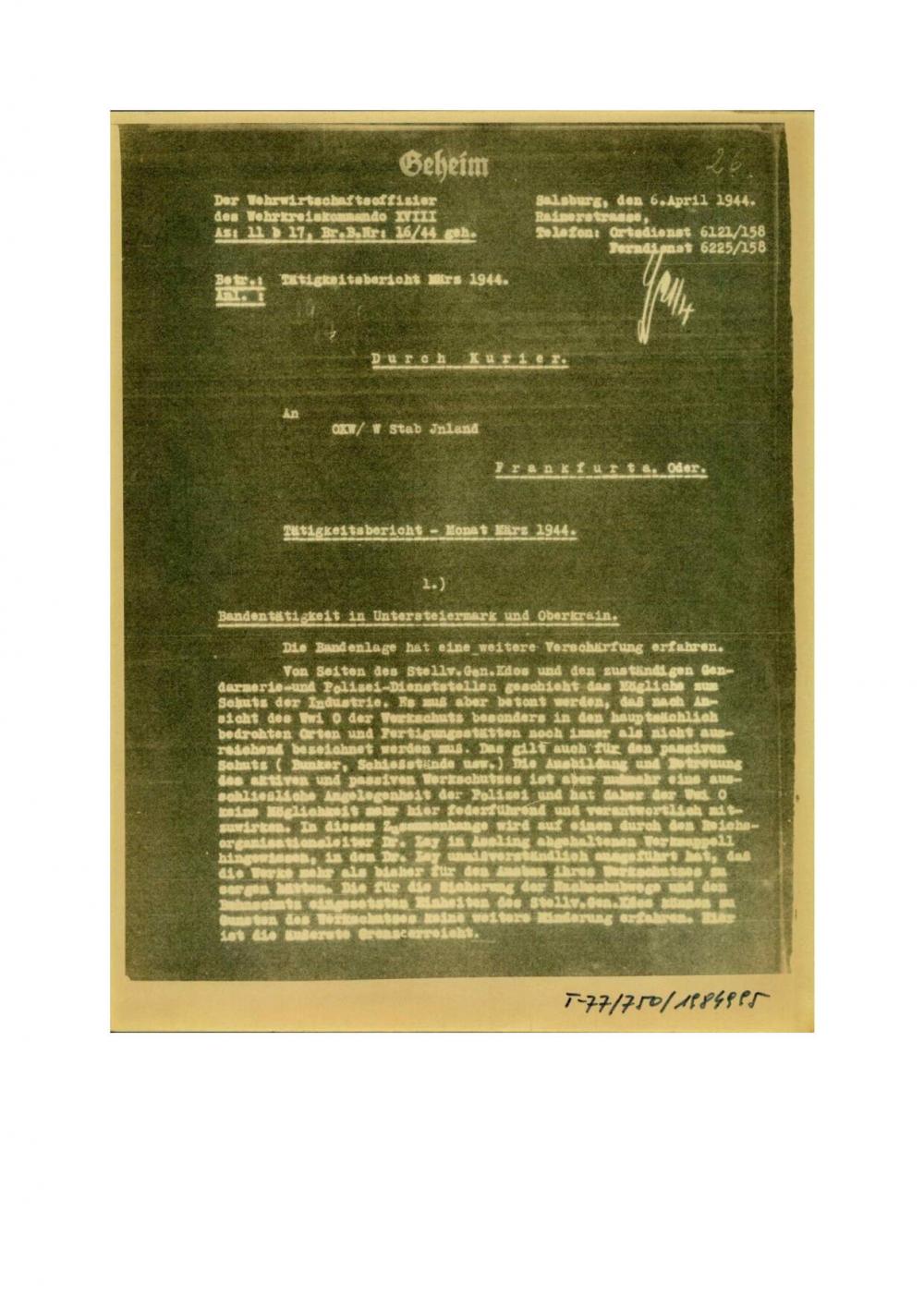 Betreff: Tätigkeitsbericht, März 1944. Bandentätigkeit in Untersteiermark und Oberkrain.