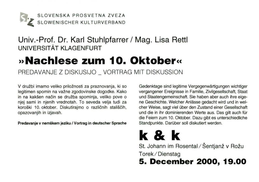 »Nachlese zum 10. Oktober« Predavanje z diskusijo _ Vortrag  mit Diskussion