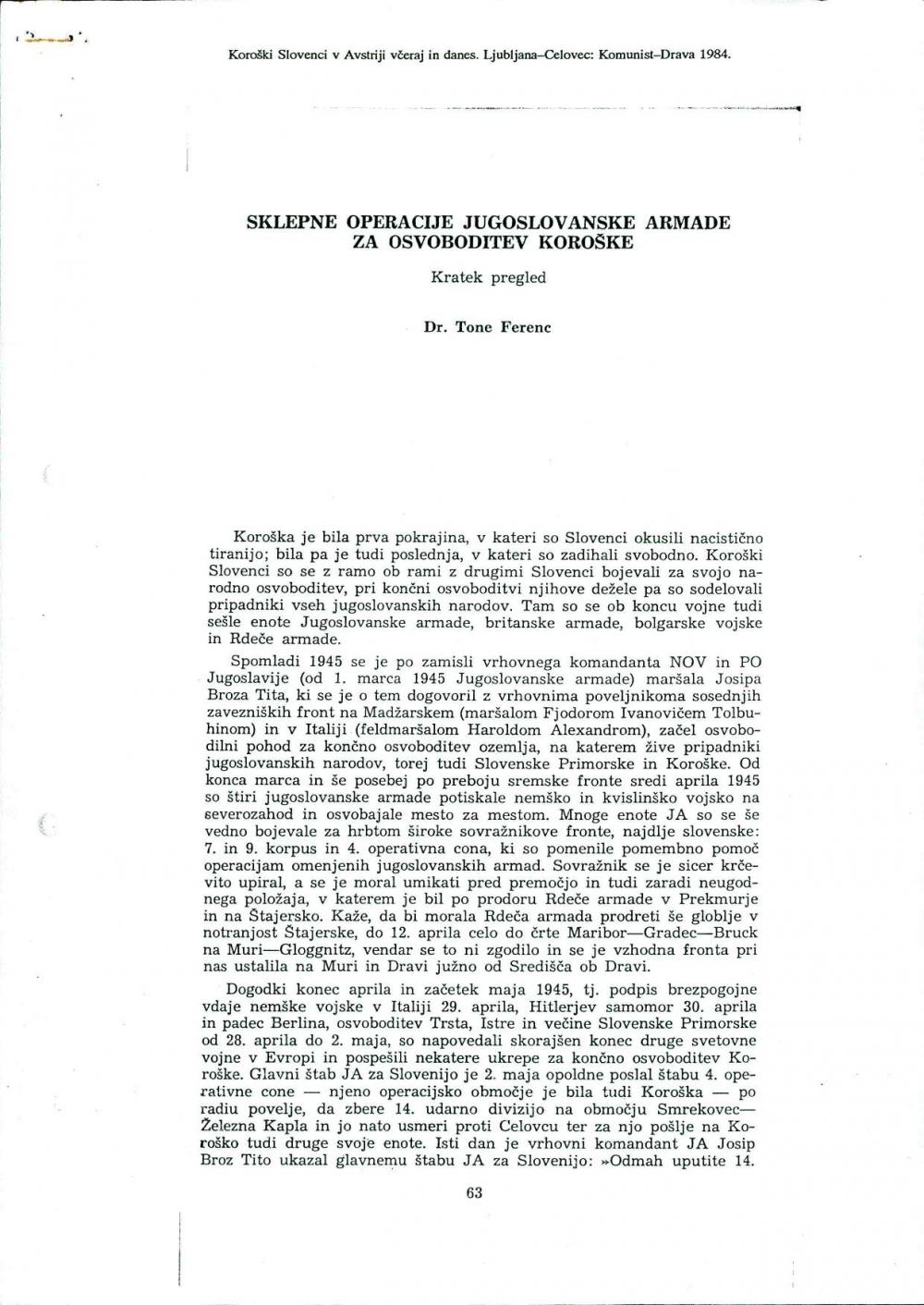 Sklepne operacije jugoslovanske armade za osvoboditev Koroške - Kratek pregled