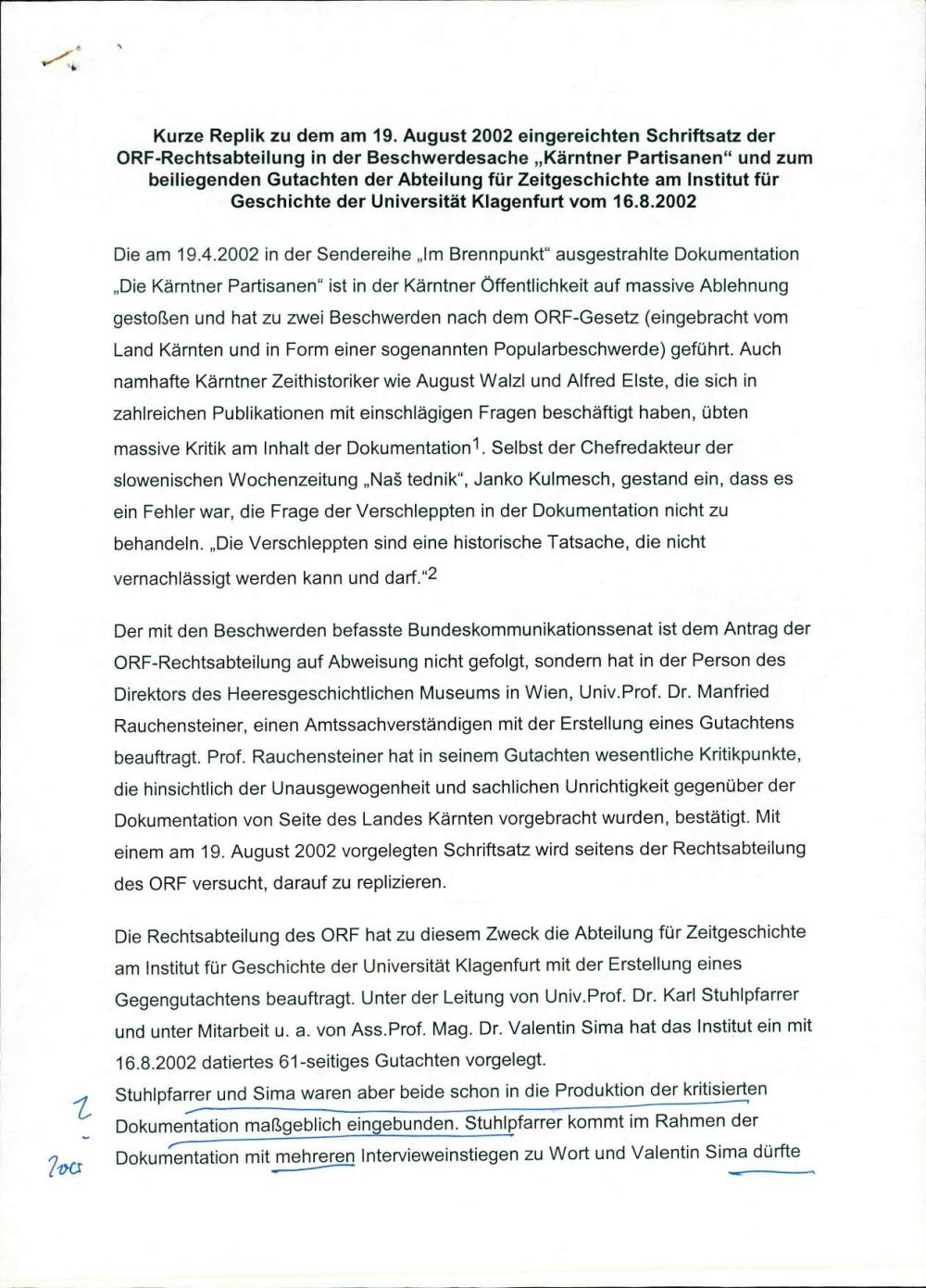 Kurze Antwort auf die Stellungnahme der Rechtsabteilung des ORF zur Beschwerde „Kärntner Partisanen“