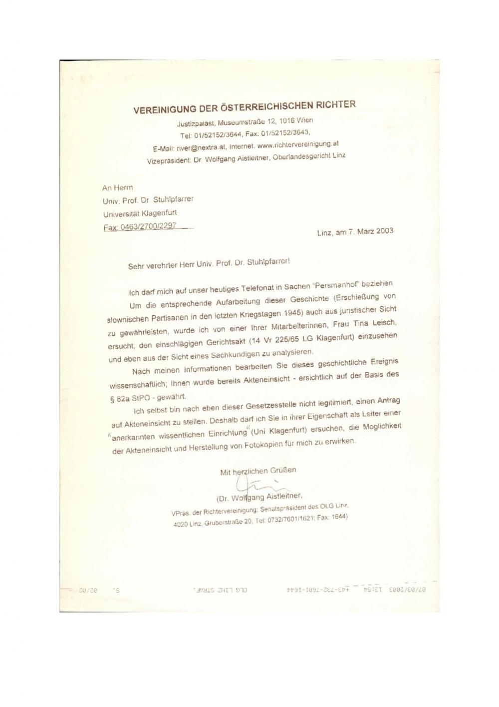 Schreiben von Dr. Wolfgang Aistleitner an Herrn Univ. Prof. Dr. Stuhlpfarrer