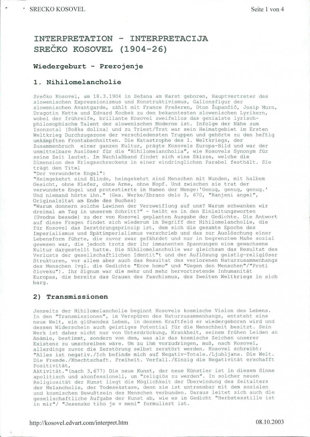 Interpretation – interpretacija  Srečko Kosovel (1904-26): Wiedergeburt – Prerojenje