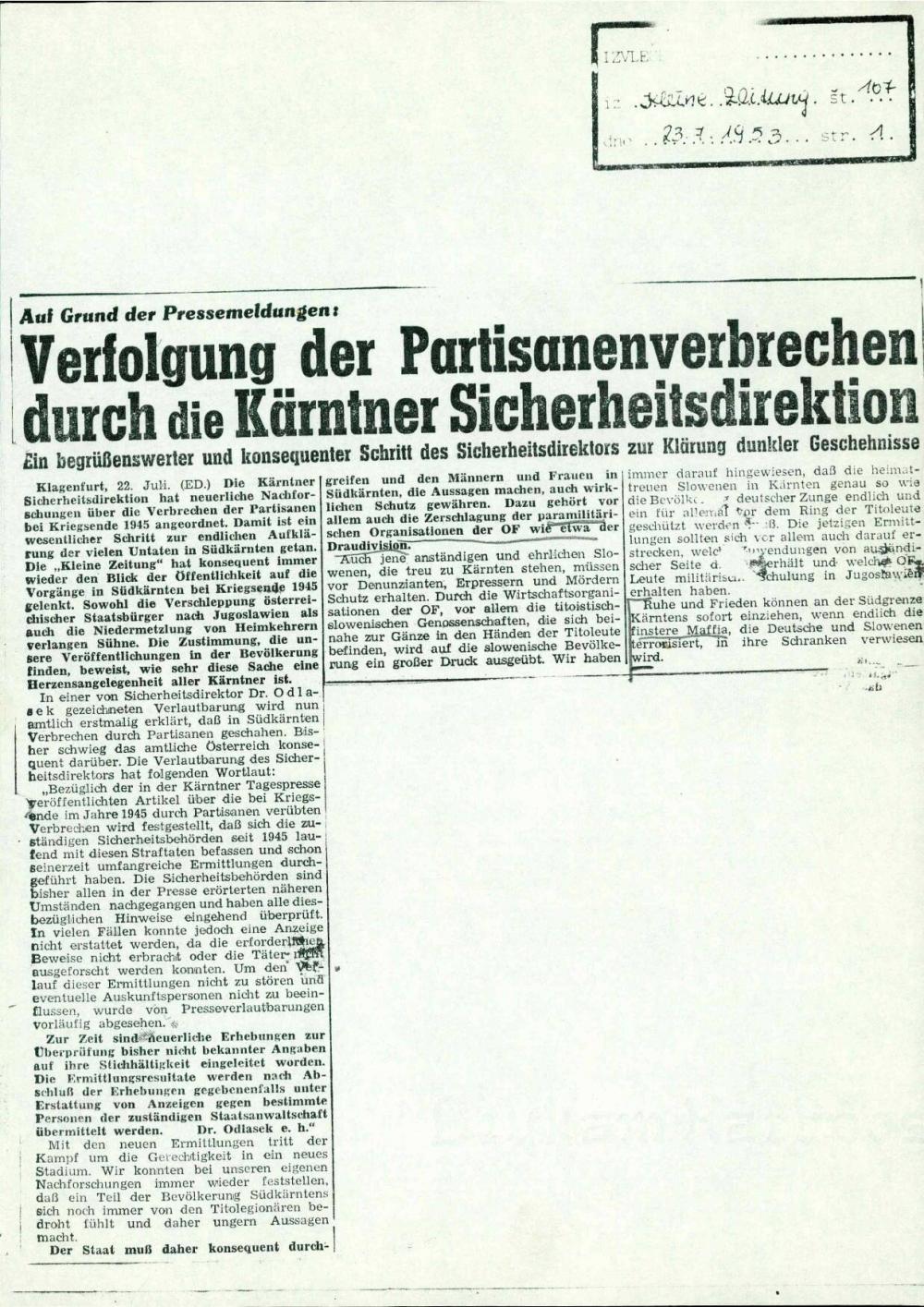 Auf Grund der Pressemeldungen: Verfolgung der Partisanenverbrechen durch die Kärntner Sicherheitsdirektion