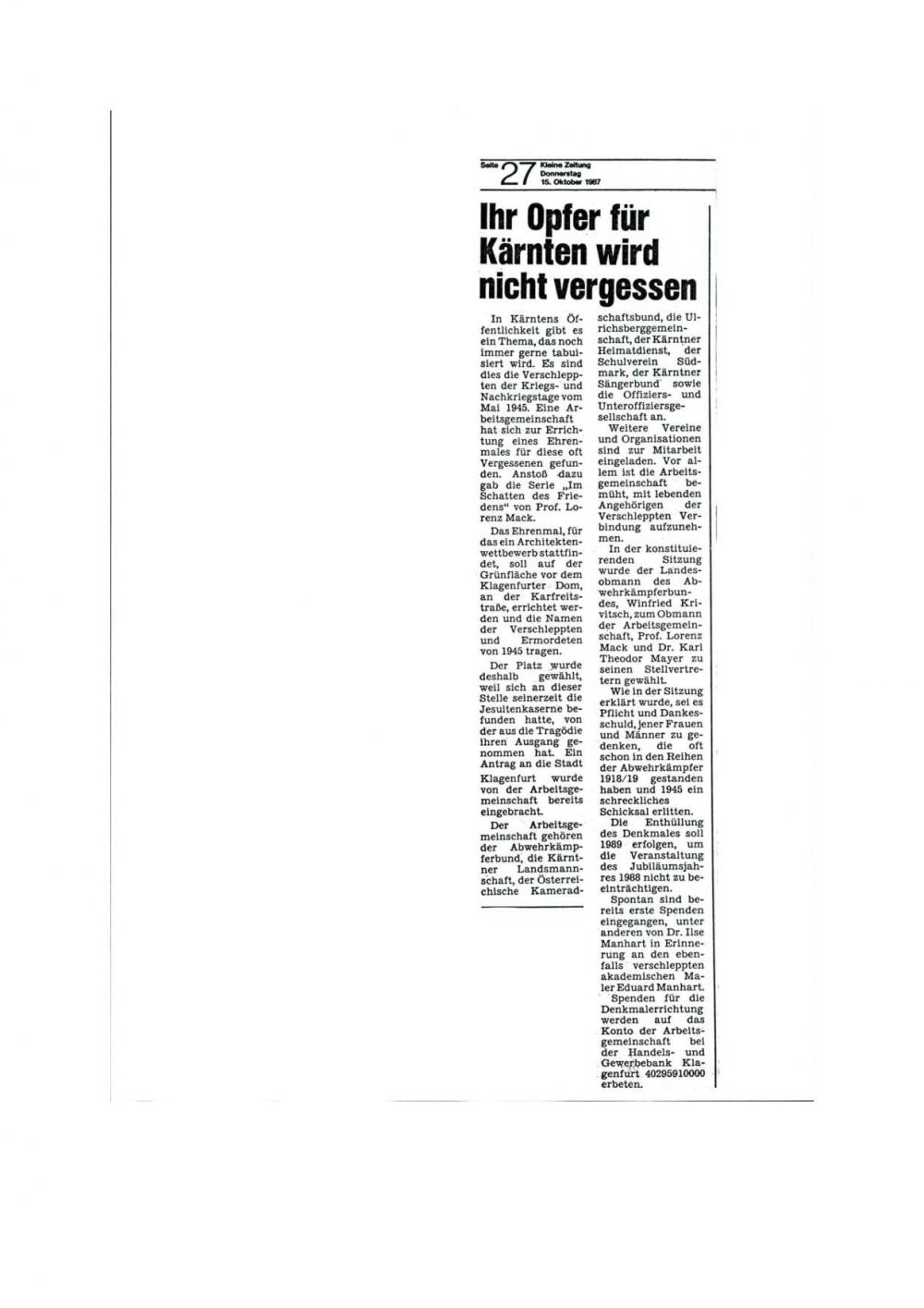Ihr Opfer für Kärnten wird nicht vergessen