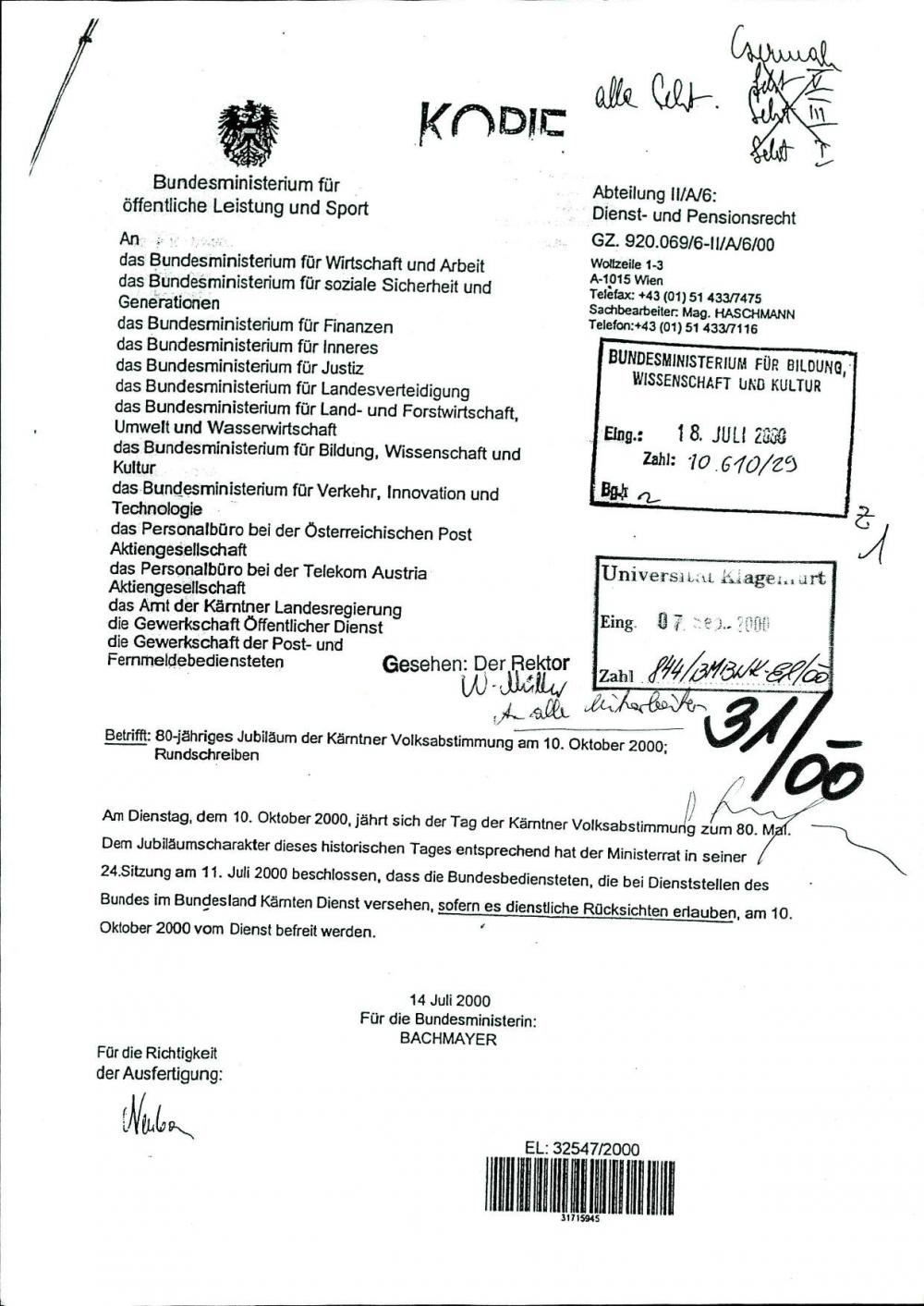 Betrifft: 80-jähriges Jubiläum der Kämtner Volksabstimmung am 10 Oktober 2000- Rundschreiben