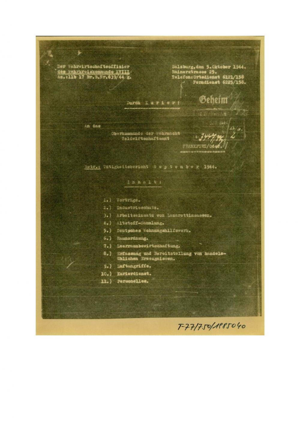 Betreff: Tätigkeitsbericht, September 1944. Industrieschutz.