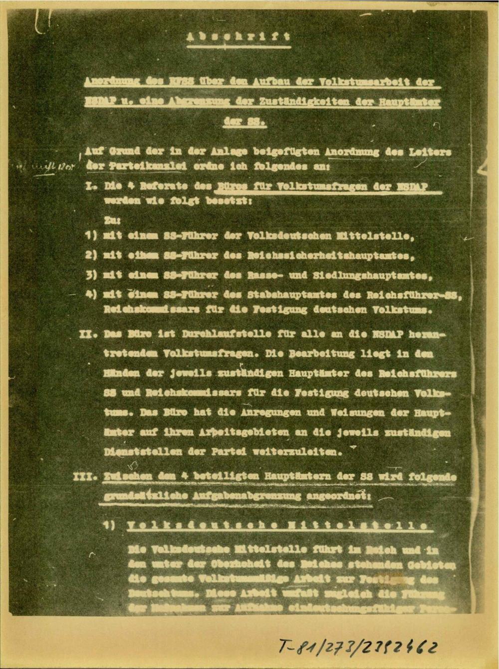Anordnung  des RFSS über den Aufbau der Volkstumsarbeit der NSDAP u. eine Abereggung der Zuständigkeiten der Hauptämter der SS