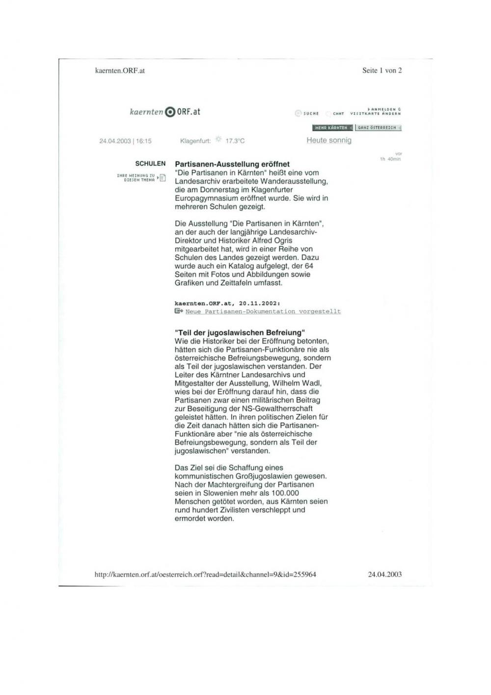 Partisanen-Ausstellung eröffnet