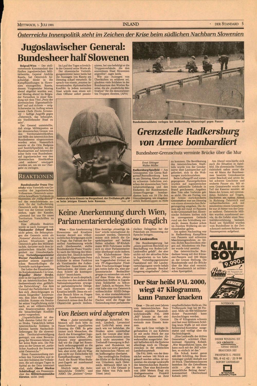 Obwohl Slowenien Mesič-Plan für sofortigen Waffenstillstand annahm: Armee erklärt Laibach den Krieg , Wien erwägt Einschaltung der UNO