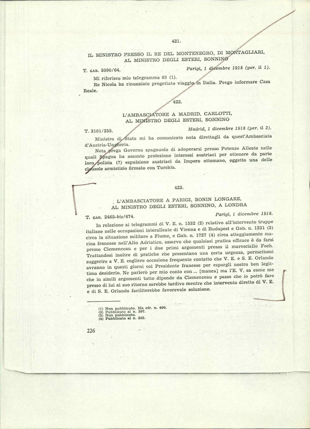 L'ambasciatore a Parigi, Bonin Longare, al ministro degli esteri, Sonnino, a Londra