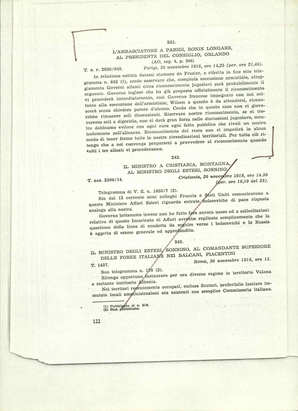 L'ambasciatore a Parigi, Bonin Longare, al presidente del consiglio, Orlando