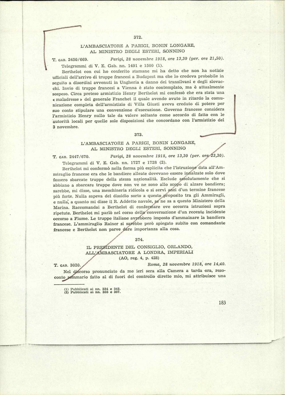 L'ambasciatore a Parigi, Bonin Longare, al ministro degli esteri, Sonnino