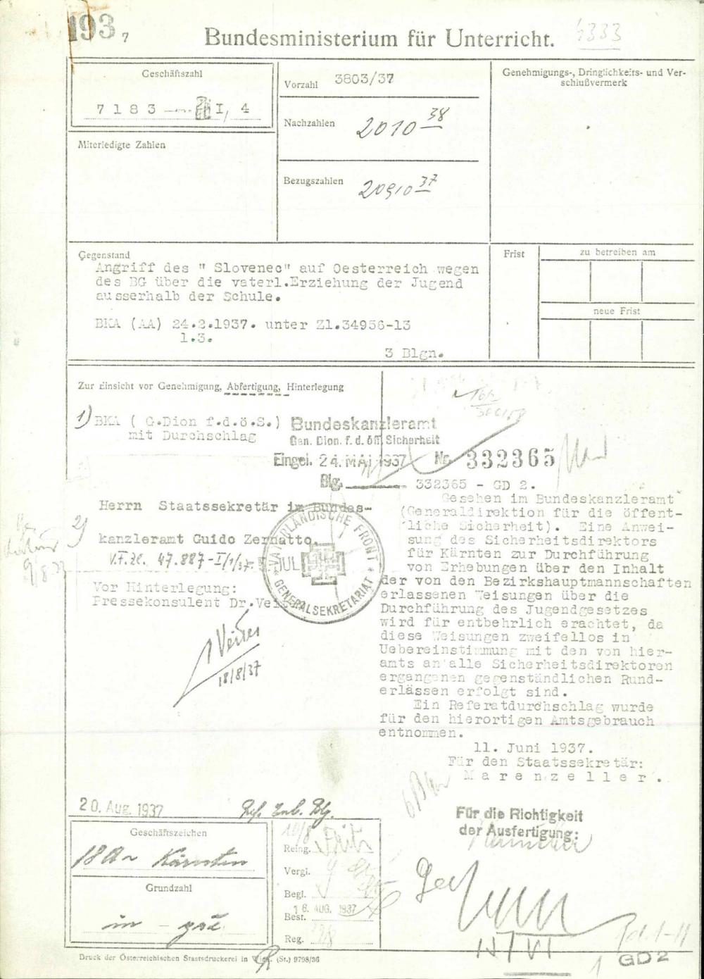 Dopis: Angriff des »Slovenec« auf Oesterreich wegen des BG über die vaterl.Erziehung der Jugend ausserhalb der Schule BKA (AA) 24.3.1937. unter ZI.34956-13