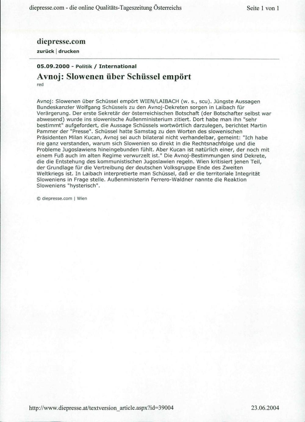 Avnoj: Slowenen über Schüssel empört