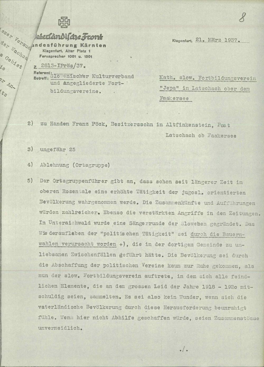 Poročilo:  Katholisches slowenisches: Fortbildungverein »Jepa« in Latschach ober dem Faakersee