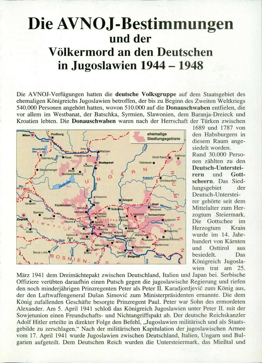 Die  AVNOJ-Bestimmungen und der Völkermord an den Deutschen in Jugoslawien 1944 – 1948