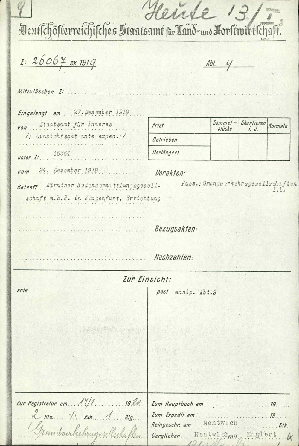 Dopis: Kärntner Bodenvermittlungsgesellschaft m. b. H. in Klagenfurt, Errichtung