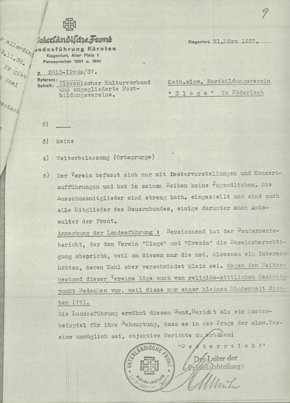 Poročilo: Katholisches slowenisches Fortbildungverein »Zloga« in Föderlach