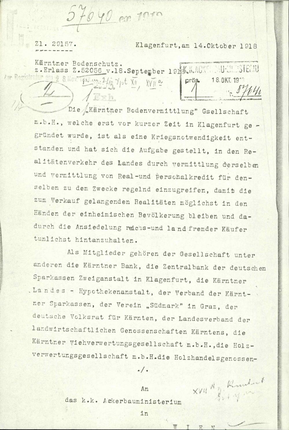 Dopis: Kärntner Bodenschutz, 14.10.1918 - nosilna
