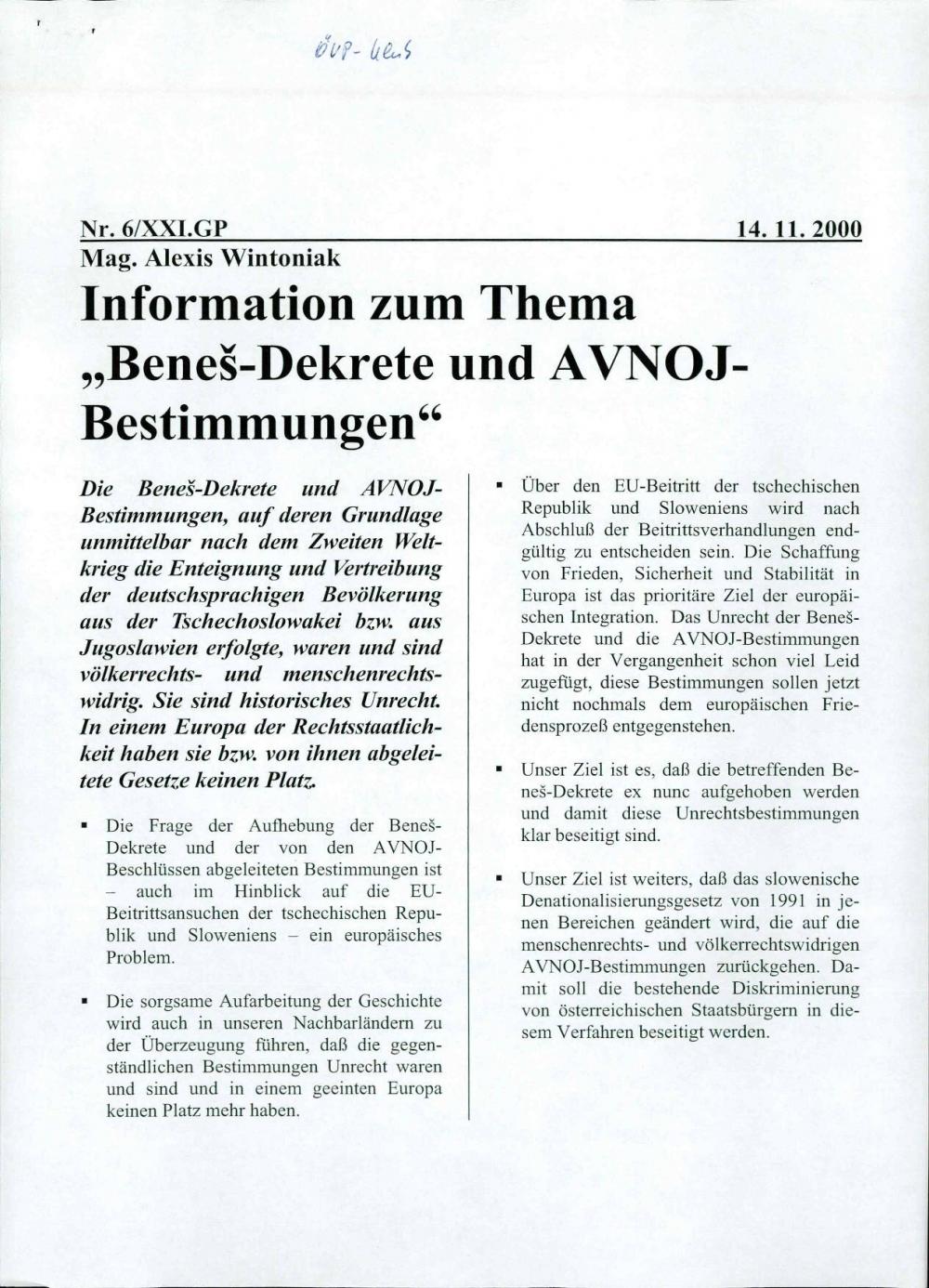 Information zum Thema "Beneš-Dekrete und AVNOJ Bestimmungen"